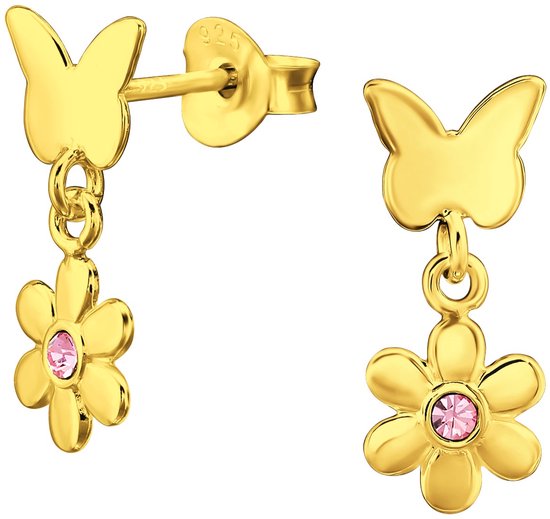 Joie|S - Boucles d'oreilles papillon en argent avec breloque fleur - 6 x 15 mm - cristal rose - boucles d'oreilles pour enfants - plaqué or 14 carats / plaqué or