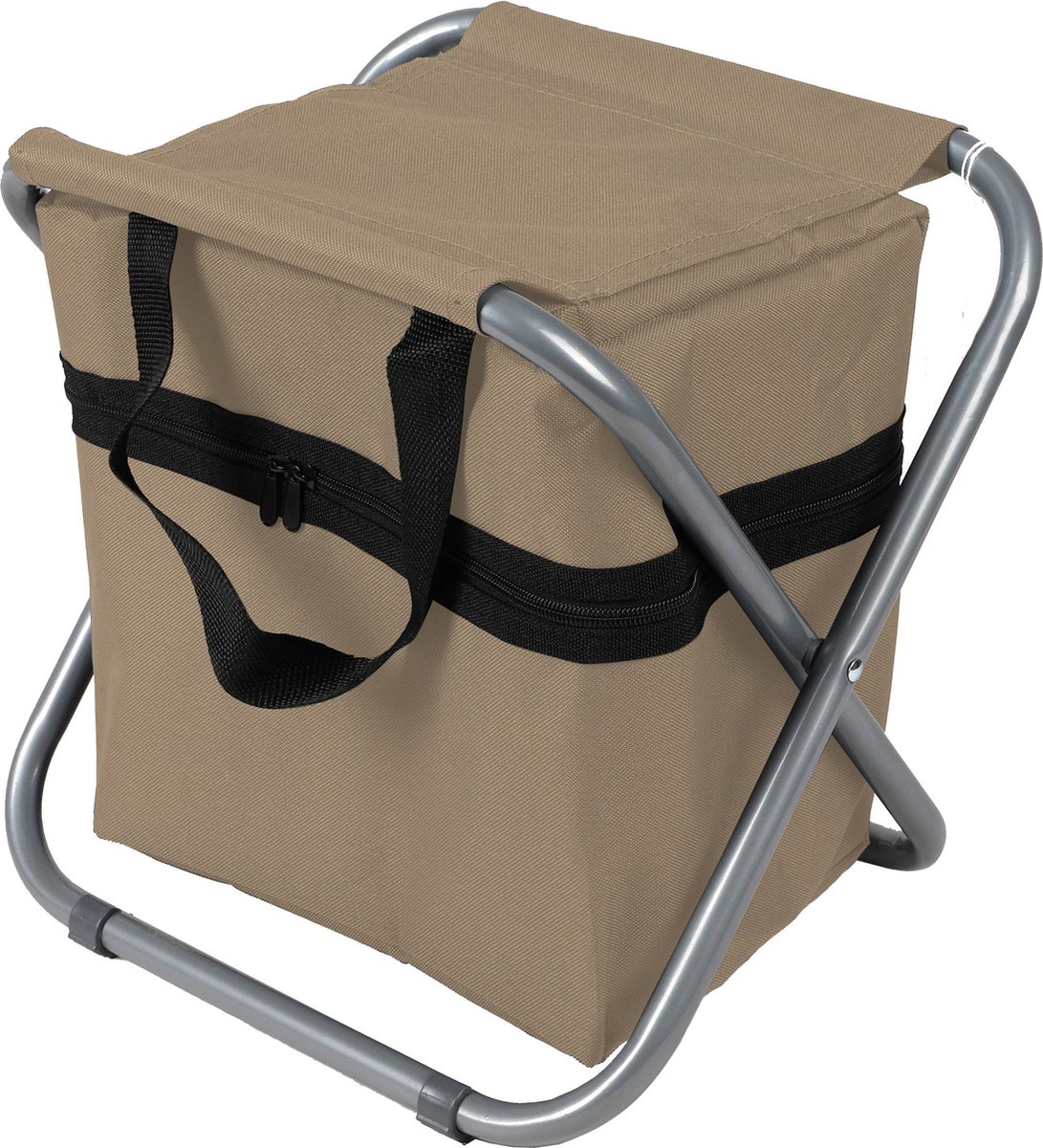 Sunnydays Camping/outdoor krukje met koeltas ineen - Inklapbaar - beige - 33 x 27 x 35 cm - spullen opbergen