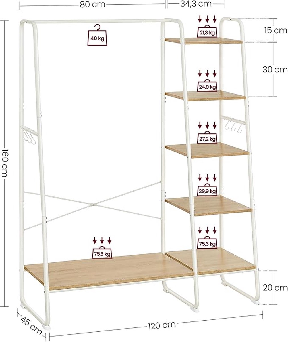 Hoppa! | Kledingrek | 45 x 120 x 160 cm | Kapstok met Schoenenrek | Eiken Wit – foto 7