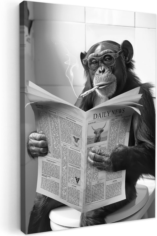 Canvas schilderij 40x60 cm - Wanddecoratie badkamer Chimpansee - Aap - Krant - WC - Humor - Muurdecoratie WC - Decoratieve accessoires - Toilet muur decoratie - Schilderijen op canvas