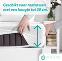 Een persoon trekt een witte matrasbeschermer aan, geschikt voor matrassen tot 30 cm hoog.
