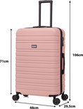Afmetingen van de roze koffer: 71cm hoog, 48cm breed, 29,5cm diep.