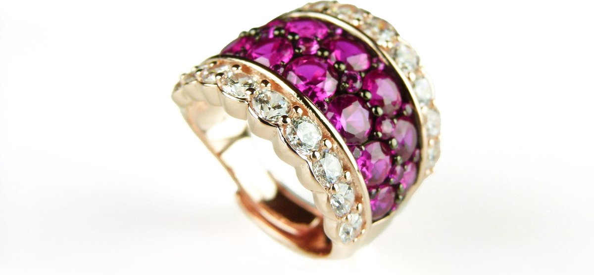 Zilveren ring roze goud verguld gezet met roze rode stenen en cubic zirconia
