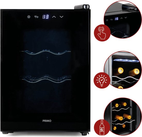 PRIMO PR168WK Wijnkoelkast - Wijnklimaatkast 6 Flessen - E - Zwart