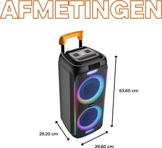 Denver Bluetooth speaker met discolichten, getoond met afmetingen: 63.60cm hoog, 29.20cm breed, 29.60cm diep.