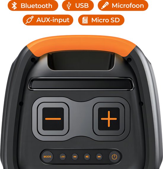 Bovenkant van een zwarte Denver speaker. Knoppen volume, mode, LED, play/pauze, en aan/uit. Connectiviteit: Bluetooth, USB, Microfoon, AUX, Micro SD.