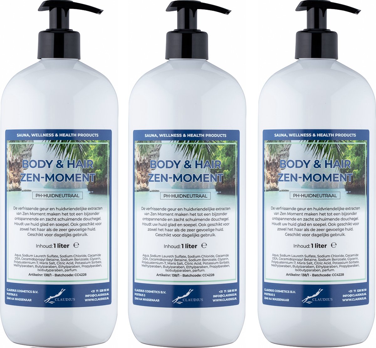 Goedkoopste Body & Hair Zen Moment 1 liter - set van 3 stuks - met gratis pomp - 2 in 1 voor lichaam en haar.