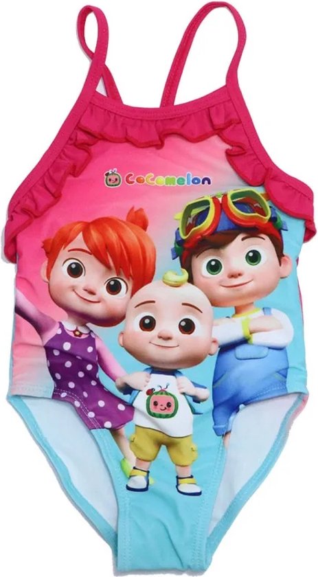 Roze badpak met CoComelon personages JJ, Cody en Nina, met ruches en gekruiste bandjes.