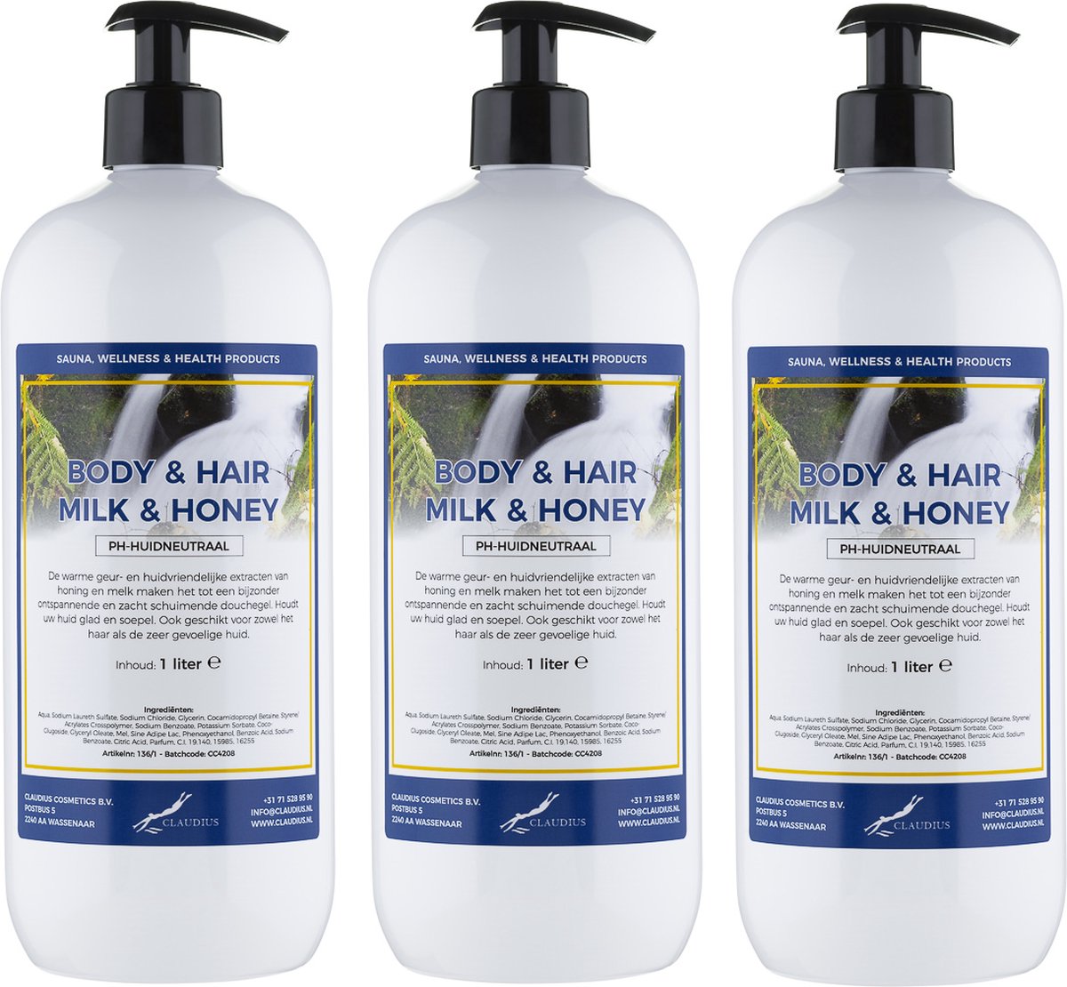 Goedkoopste Body & Hair Milk & Honey 1 liter - set van 3 stuks - met gratis pomp - 2 in 1 voor lichaam en haar.