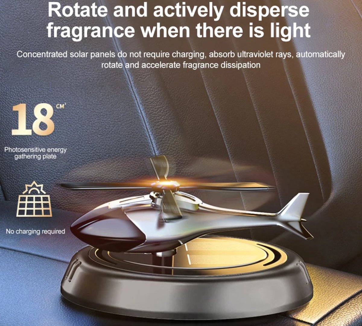 Hubschrauber Solar Auto Lufterfrischer Rotation Aromatherapie Diffusor Ornament für Fahrzeuge mit 3-Fragrance Tabletten für Auto und Innendekoration (Schwarz