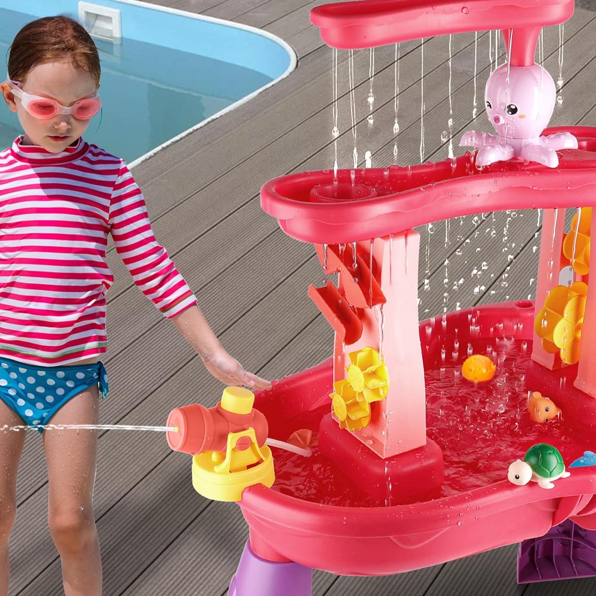 AquaPlay Water Table, Large Outdoor Water Game (100 x 58 x 90 cm) for Children from 3 Years, Water Toy with Hand Pump, Hose Connection, Spray Function and Accessories