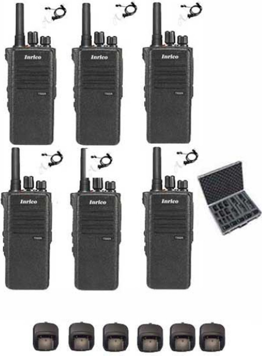 Set van 6 Inrico T522A IP66 4G LTE POC Zello K1 2-Pins met beveiliging oortje en koffer