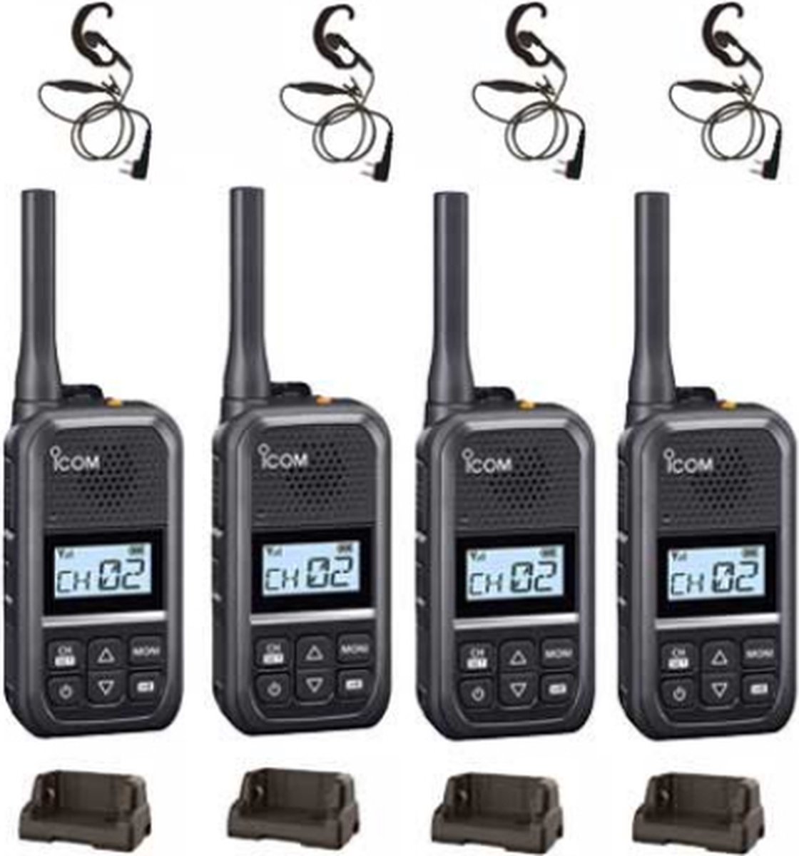 Set van 4 Icom IC-U20SR IP54 mini Portofoon met tafel lader en C-ring oortje