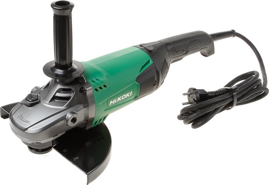 HiKOKI haakse slijper met groene body, grijs metselwerk en zwarte handgreep. Inclusief snoer.