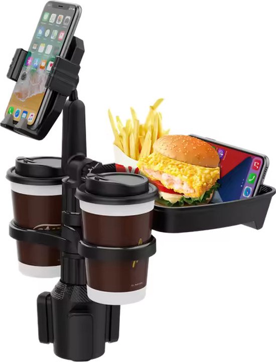Support Téléphone Porte-gobelet Voiture 4 En 1 – Avec Plateau, Base Réglable 6.4-9.2 Cm – Rotation 360°