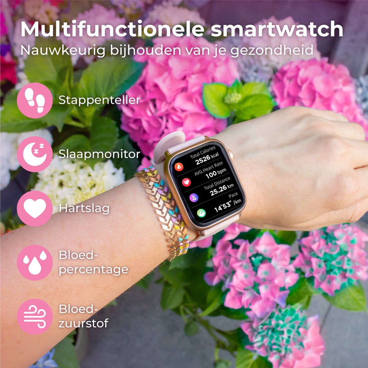 Afbeelding 2 van Nuvance Smartwatch Heren & Dames met Bluetooth - 45mm - Geschikt voor alle Smartphones - Stappenteller & Hartslagmeter - Roze