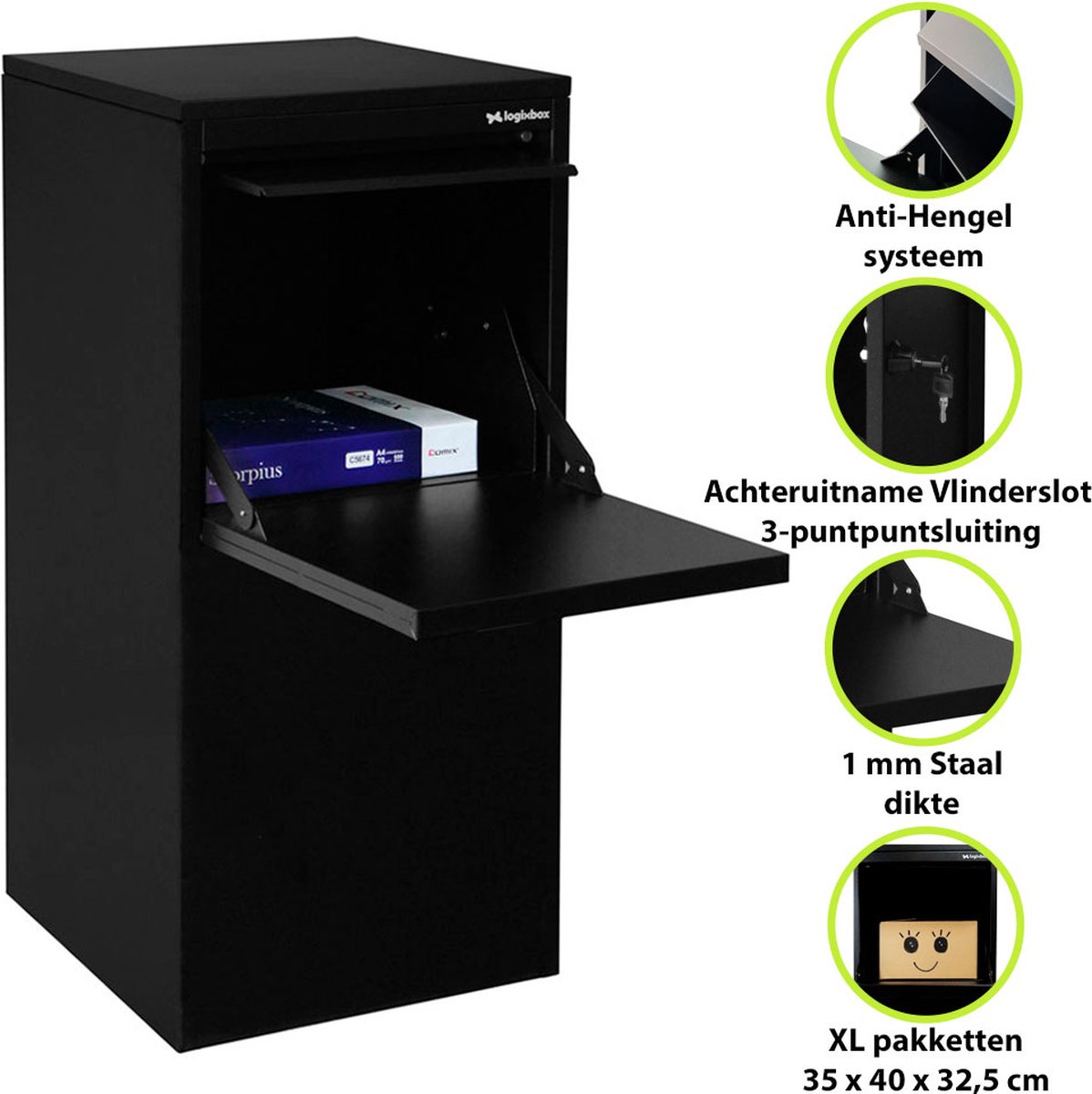 LOGIXBOX - Pakket brievenbus - Brievenbus - Pakketbox - Frontbox DeLuxe Uni met Achteruitname - Zwart - 1.0 mm dik staal -- Géén Bouwpakket --