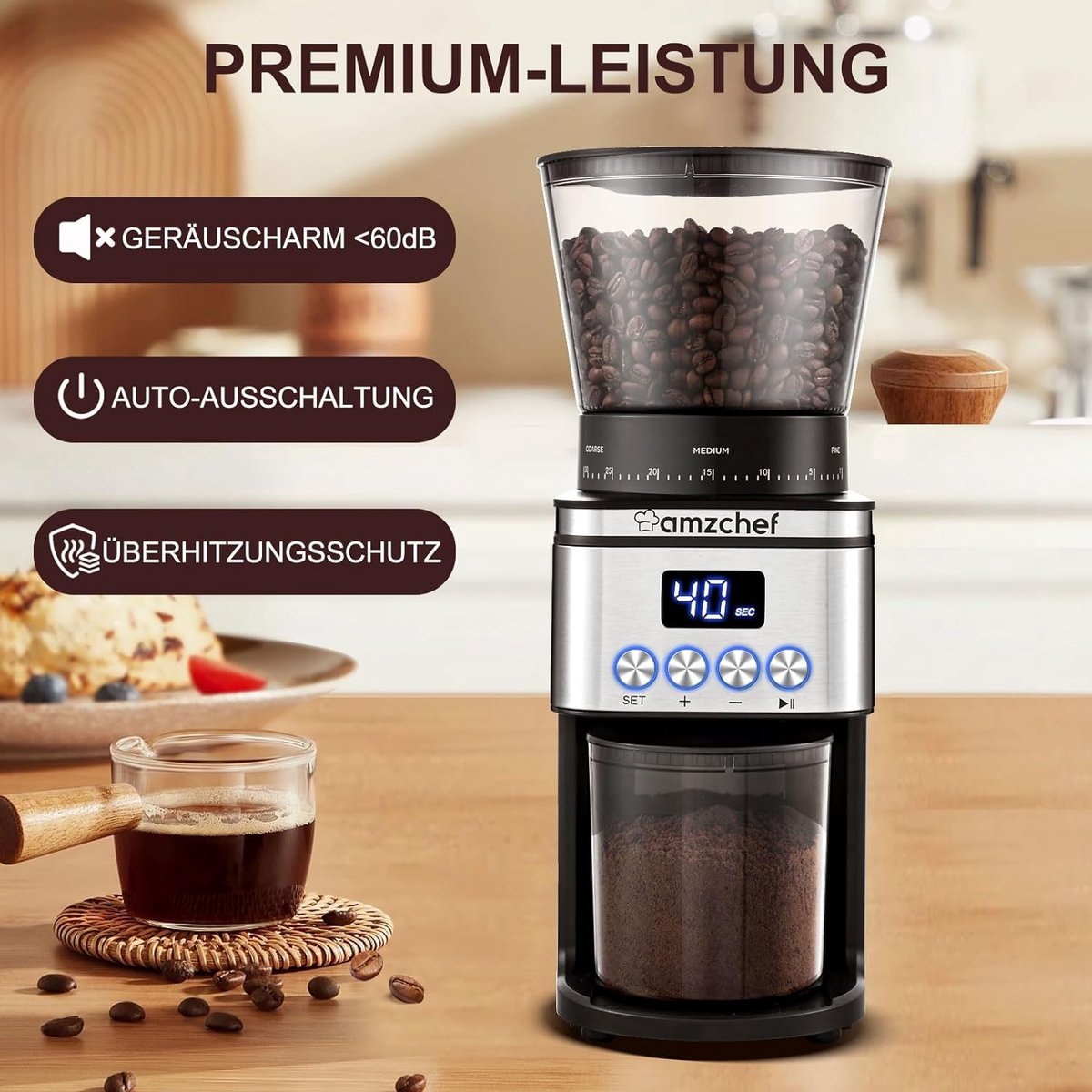 AMZCHEF Kaffeemühle Siebträger Elektrisch mit 24 Mahlgrad Einstellbar
