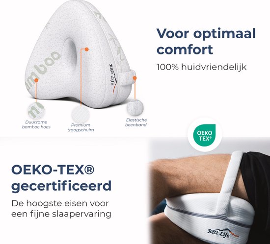Wit kniekussen met bamboehoes, gedetailleerd met kleine stipjes en bamboe-illustraties.