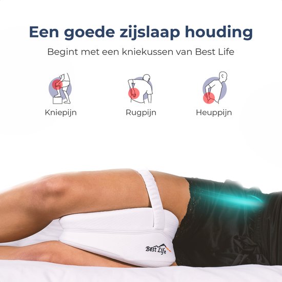 Gedetailleerde illustraties van knie-, rug- en heuppijn, verlicht door een kniekussen tussen de benen.