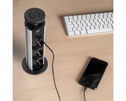 Pop-up inbouw stekkerdoos met 3 stopcontacten en 2 USB laadpunten - Ø 6 cm – stekkerblok met telefoonlader voor huis en kantoormeubilair – zwart