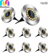 Meedeer 16 Leds Solar Grondspots (8stuks) - Warm wit-RVS Grond Spots op Zonne-energie met 16 LED Spotjes - 10 Uur Buiten Verlichting in Tuin - IP65 Waterdicht - Tuinverlichting Lamp op zonne energie-Buitenverlichting Tuinlamp