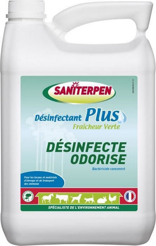 Saniterpen Désinfectant Plus, 5L. Fraîcheur Verte. Désinfecte et désodorise. Avec images d'animaux.