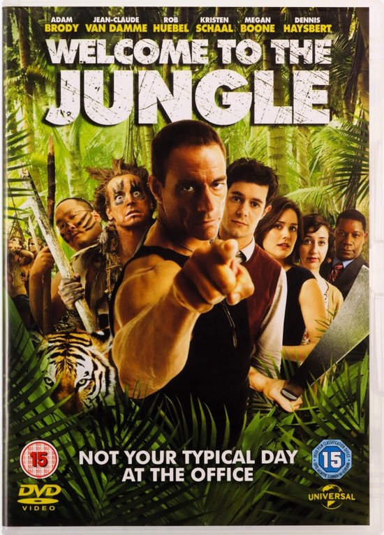 DVD hoes met Jean-Claude Van Damme die naar je wijst, omringd door andere personages en een tijger.
