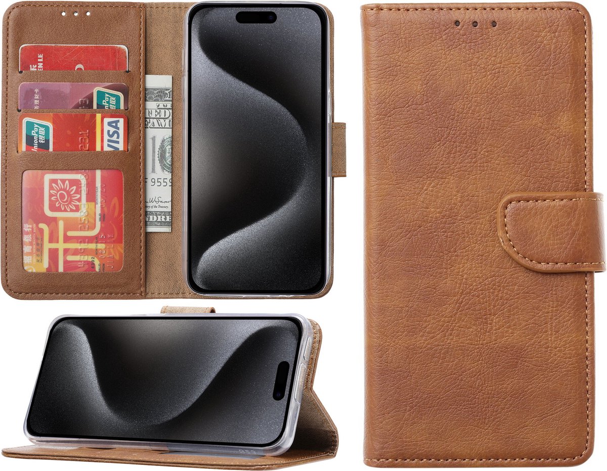 Hoesje geschikt voor iPhone 15 Pro - Bookcase - Pasjeshouder - Kunstleer - Bruin