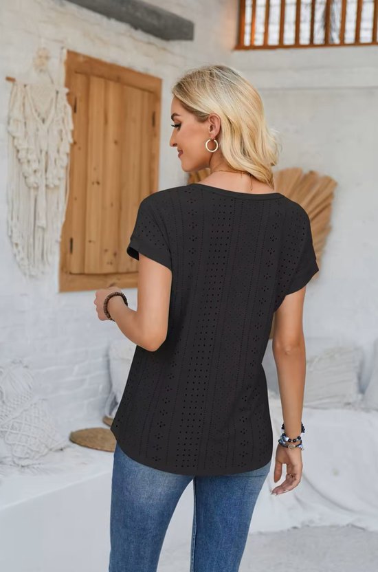 ASTRADAVI Damesmode - Top - Mooie Uitgeholde Jacquard Shirt - Zwart / 2X-Large