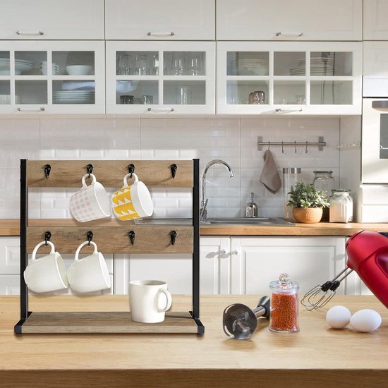 YATINEY Mokhouders, Bekerhouderstandaard, bekerrek met 8 haken, bekerstandaard, keukenrek, verticaal opbergrek, bekerhouder met planken, displaystandaard, voor keuken, woonkamer, vintage bruin XMH43BR YATINEY Mokhouders, Bekerhouderstandaard, bekerrek met 8 haken, bekerstandaard, keukenrek, verticaal opbergrek, bekerhouder met planken, displaystandaard, voor keuken, woonkamer, vintage bruin XMH43BR