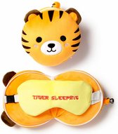 Relaxeazzz Tijger knuffel/reiskussen/slaapmasker - 2-in-1 set - voor kinderen- in vliegtuig of auto