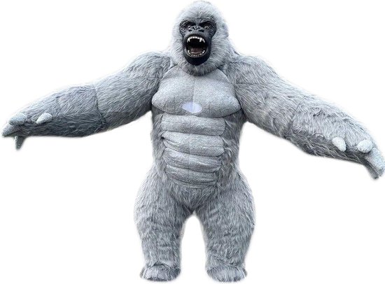KIMU Mega Opblaasbare Mascotte Gorilla Grijs - 3 Meter King Kong Kostuum Opblaasbaar Pak - Groot Apenpak Opblaaspak Bont - Opblaas Grijze Aap Halloween