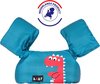 Blauw zwemvest met rode dinosaurusprint en 'BABY' logo, met Nederlandse productsticker.