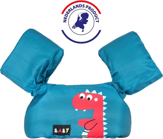 Blauw zwemvest met rode dinosaurusprint en 'BABY' logo, met Nederlandse productsticker.