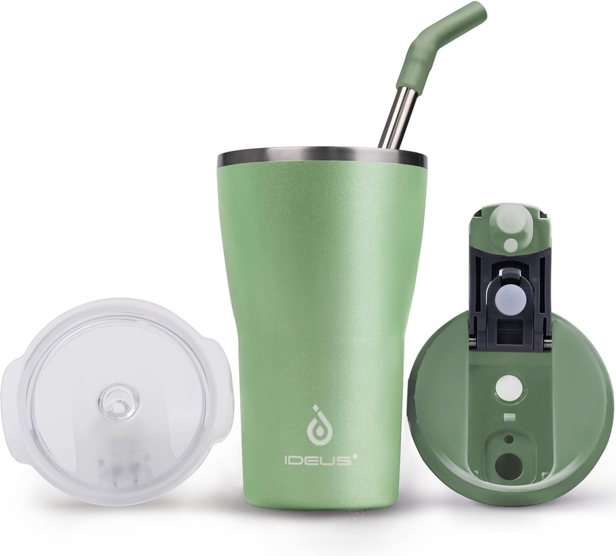 Thermosbeker, 420 ml, dubbelwandige koffiemok, roestvrij staal, koffiemok, reisbeker met lekvrije afdekking en stro, geschikt voor warme en koude dranken, groen