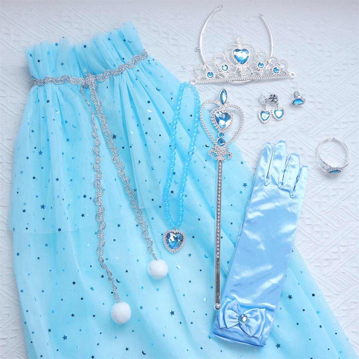 Joya Kids® Verkleedcape met Accessoires Licht Blauw | Prinsessencape | Cape Set | Unicorn | Meisje Verkleedset | Carnvalskleding Meisjes | Met Kroon, Staf, Handschoenen en Sieradenset — afbeelding 16