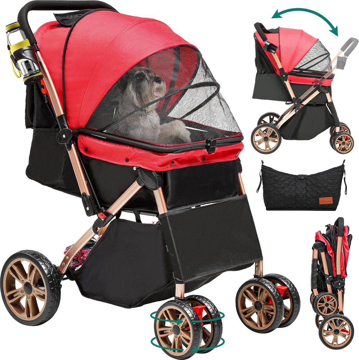Reisbuggy voor honden - inklapbare hondenbuggy met opbergmand voor huisdieren jogger (rood) Hondenbuggy