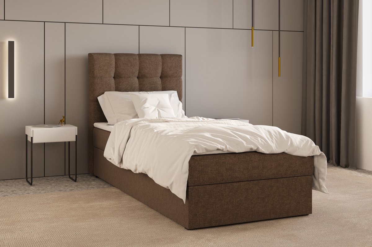 AJE Meubles B.V. Boxspring Bed 05 - Luxe en Comfort - Inclusief Topmatras - Verkrijgbaar in Meerdere Maten - Boxspringbed 05 (Bruin - Hugo 24, 90x200 cm)
