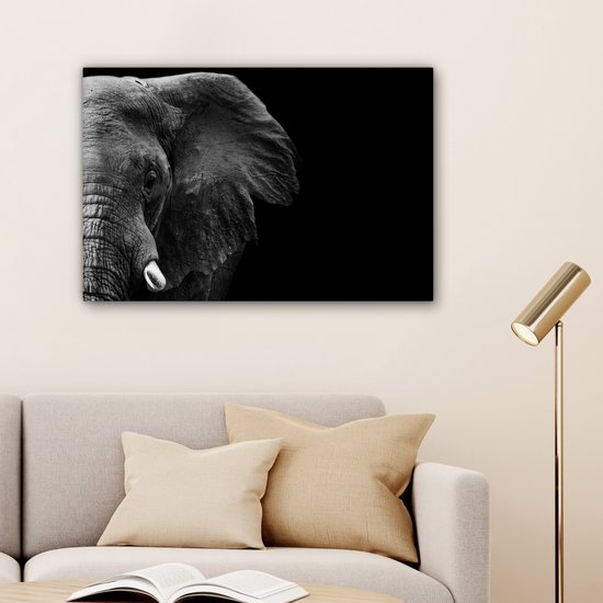 Peinture sur Toile - Animaux Sauvages - Éléphant - Zwart - Wit - Décoration murale - Toile - 60x40 cm - Canvasdoek sur Toile - Salon