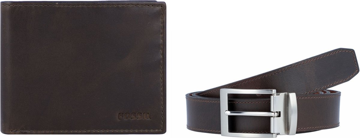 FOSSIL Leren Portemonnee Riem RFID Billfold Belt Gift Set Dark Brown Bruine