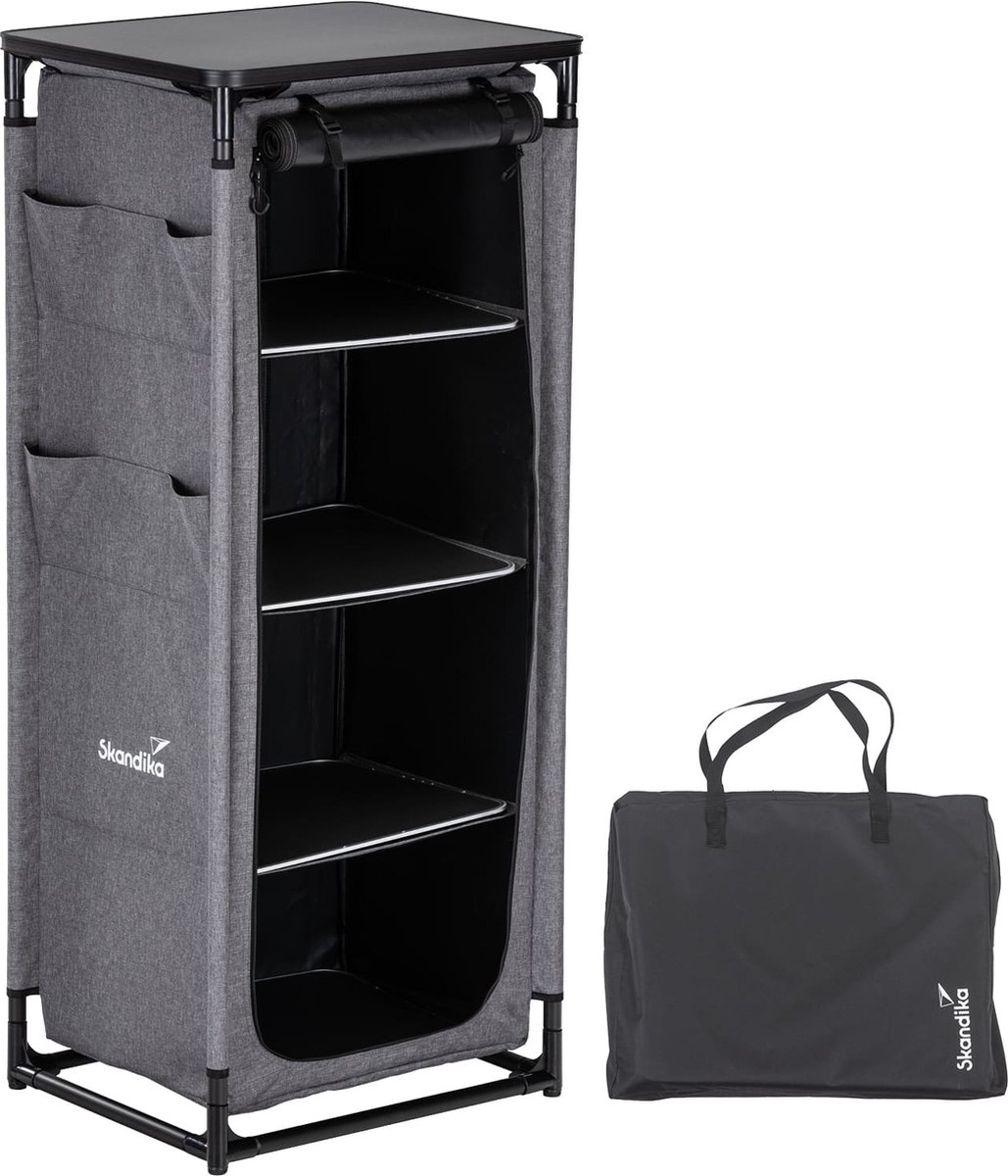 Skandika campingkast Ruoka - Hoge kast, kliksysteem zonder gereedschap, 140 cm hoog, 4 vakken met legplanken, draagtas, campingkeuken | campingaccessoires, outdoor keuken, tent