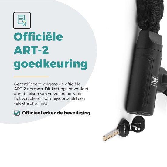 Zwart kettingslot met ART-2 goedkeuring en twee sleutels.