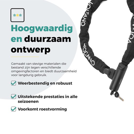 Zwart, weerbestendig kettingslot met twee sleutels.