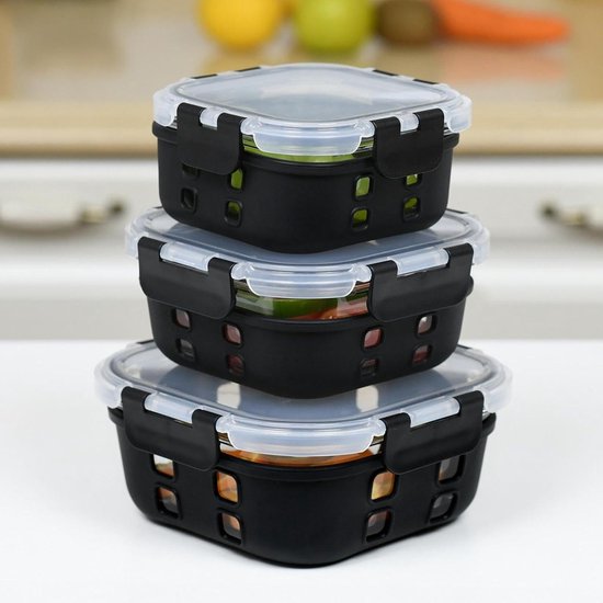 3-Piece Square Glass Lunch Box Set - Airtight and Leak-Proof - Kitchen ...
