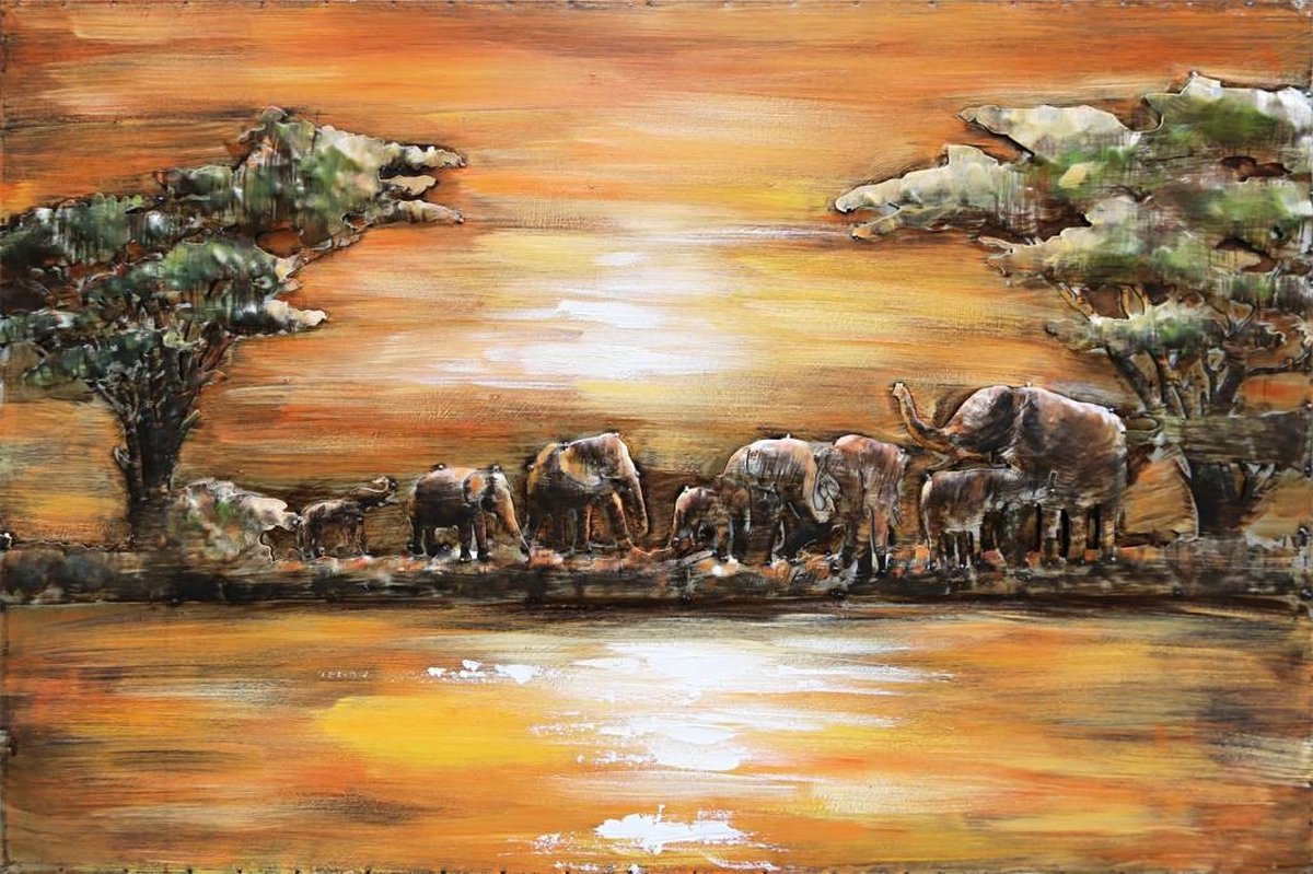 karo-art Schilderij - Metaalschilderij - Olifanten in Afrika, 120x80cm Multikleur
