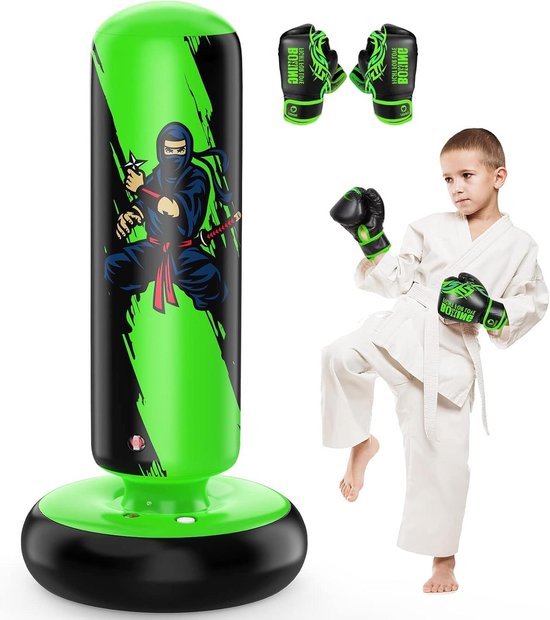 YORWHIN Staande bokszak voor kinderen, 160 cm, cadeau voor jongens en meisjes, vrijstaande opblaasbare bokszak met bokshandschoenen van 3-14 kinderen oefenen van karate, taekwondo, drukontlasting en