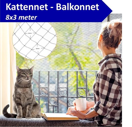 Foto: V f kattennet balkonnet 8x3m zwart inclusief haken tie wraps en 25 meter bevestigingstouw fijnmazig kattengaas kattennet balkon katten net