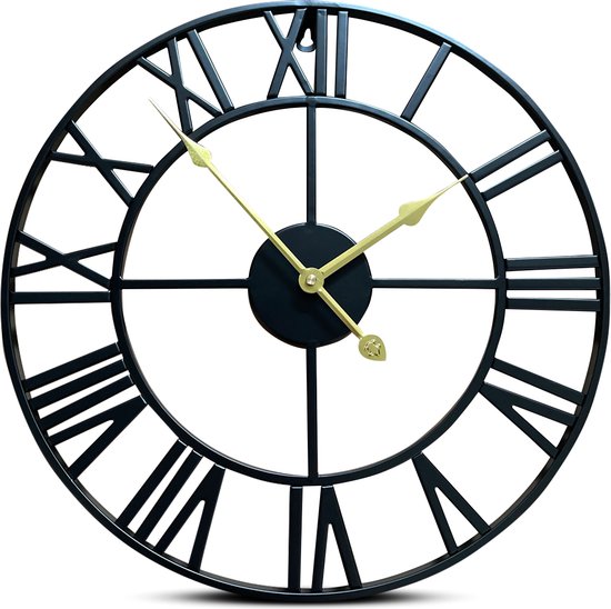 IvoQ Grote Zwarte Wandklok Metaal met Romeinse Cijfers en Gouden Wijzers – Stijlvol Tijdloos Design - 40 cm