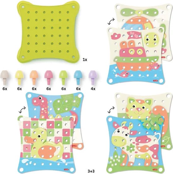Spel met groen pegboard en gekleurde knoppen, met voorbeelden van een boot, helikopter, dinosaurus, eend, kat en koe.